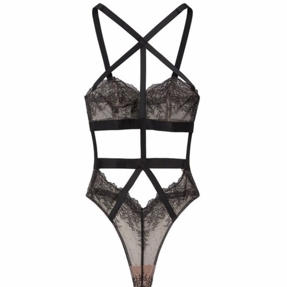 Victoria's Secret Black Strappy Lace Teddy Bodysuit Cage Back XS